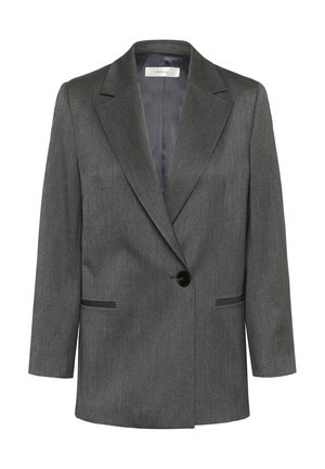 Grauer Blazer mit einem einzelnen schwarzen Knopf, Reverskragen und zwei Fronttaschen, aus strukturiertem Stoff, entworfen für eine taillierte Passform.
