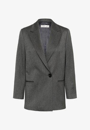 Grijze blazer met een enkele zwarte knoop, notch revers en twee voorkeurszakken, gemaakt van geweven stof, ontworpen voor een getailleerde pasvorm.