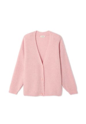Light pink cardigan made of textured knit fabric, featuring a V-neck, long sleeves, and five front buttons. Simple design with ribbed edges.