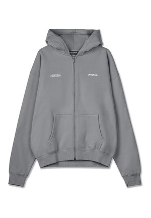 Gray zip-up hoodie made of soft fabric, featuring a front zipper, two pockets, and embroidered logos on the chest and sleeve.