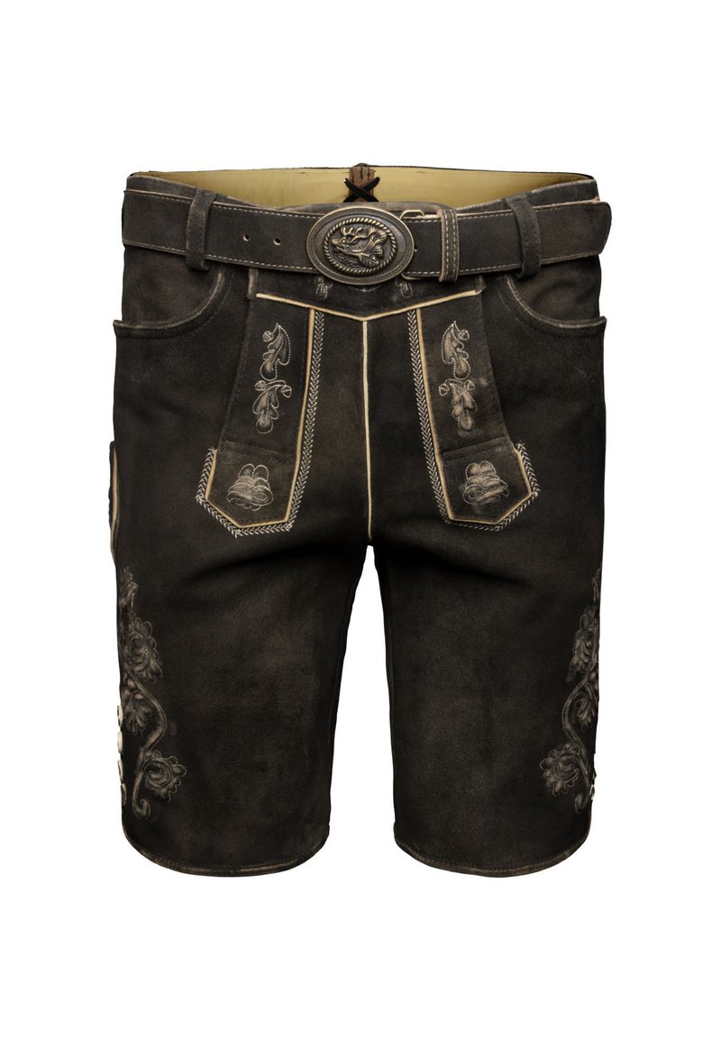 Hnědé kožené šortky s texturovaným povrchem, které mají složité světlé švy, dekorativní vzory a kovovou sponu na opasek.