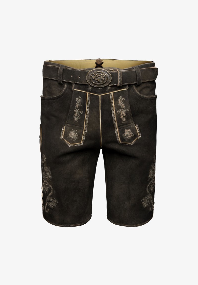 Hnědé kožené šortky s texturovaným povrchem, které mají složité světlé švy, dekorativní vzory a kovovou sponu na opasek.