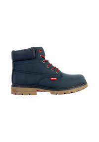 Stivali alla caviglia blu scuro con colletto imbottito, lacci rossi e suola in gomma con scanalature profonde. Logo Levi's rosso sul lato.