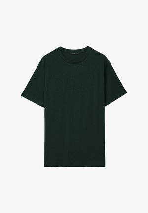 Maglietta a maniche corte color verde scuro, girocollo, taglia XL, posizionata piatta su uno sfondo bianco.