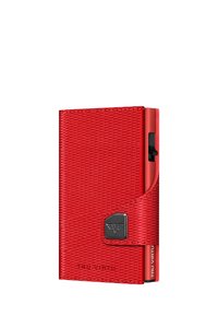 Red wallet made of textured synthetic material with a slim rectangular shape. Features a metal logo accent and a black closure button.