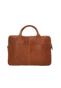 Brown leather briefcase with two top handles, rectangular shape, smooth texture, and a front zip pocket, featuring stitched accents.