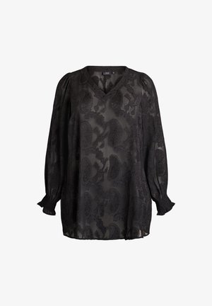 Black blouse featuring a V-neck, long sleeves with elastic cuffs, and intricate tonal floral patterns throughout the sheer fabric.
