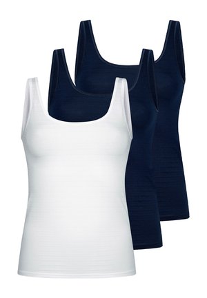 Drei ärmellose Tanktops mit Rundhalsausschnitt, zwei in Dunkelblau und eines in Weiß, überlappend auf einem schlichten weißen Hintergrund angeordnet.