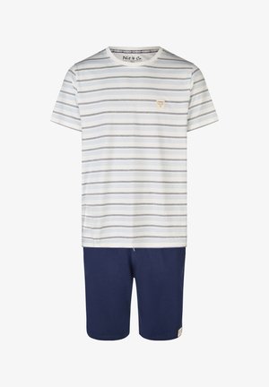 Stripet kortærmet t-shirt i hvid og marineblå, med et lille mærke på brystet. Parret med ensfarvede marineblå shorts, begge af bomuldsstof.