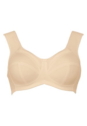 Reggiseno beige in tessuto liscio, con spalline larghe e regolabili, coppe a tre sezioni e senza decorazioni o cuciture sulla superficie.