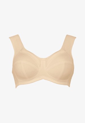 Beiger BH aus glattem Stoff, mit breiten verstellbaren Trägern, dreigeteilten Cups und ohne Verzierungen oder Nähte auf der Oberfläche.