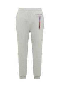 Lysegrå træningsbukser med elastisk talje og mansjetter, der har en baglomme med et detaljeret mærke i flerfarvet stof.