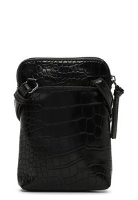 Sort krokodilleder-embosseret crossbody taske med lynlås i toppen, justerbar rem og glat overflade. Kompakt og slankt design.