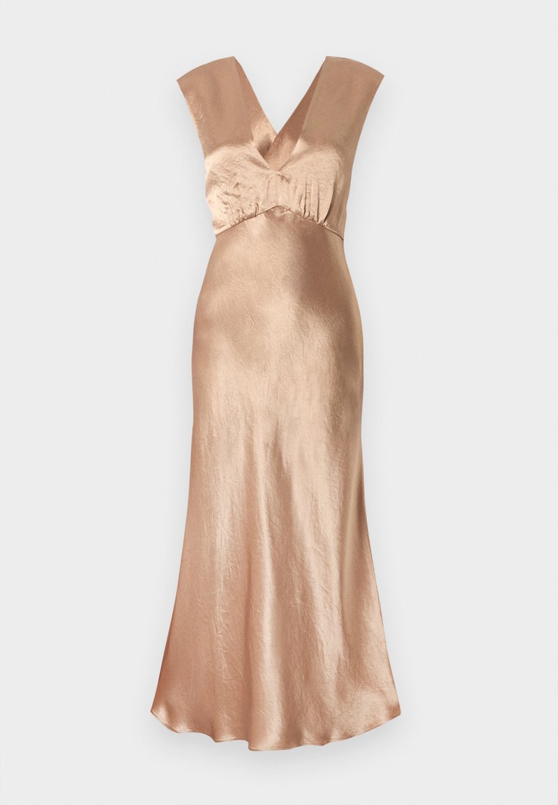 slim fit dress slacks Korina Champagne Fitted Satin Midi Dress by Arti Gogna