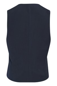 Tumši zils piedurkņu tops ar gludu tekstūru, piegulošu dizainu un noapaļotu apakšu. Aizmugure ir tīra, bez redzamām aizdares vai dekorācijām.