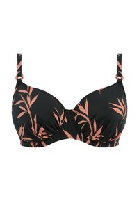 Black bra with pale pink leaf pattern, padded cups, and adjustable straps. Features a twisted center and circular hardware accents.
