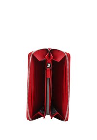 Red leather wallet with silver zipper, featuring multiple card slots, a central zippered compartment, and a textured exterior.