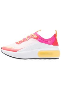 White sneaker with pink and orange accents, mesh upper, padded collar, textured midsole with air bubble, and rubber outsole.
