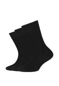 Schwarze Baumwollsocken, drei Paar, mittellange Knöchel, gerippte Bündchen, nahtlose Zehen, glatte Textur, einheitliches Design ohne Muster.