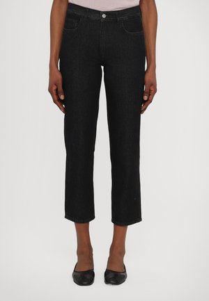 Sorte denim, forkortede jeans med slim fit, med knappelukking, frontlommer og ren kant. Glatt tekstur og robust materiale.