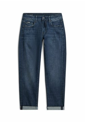 Jeans in denim blu scuro con risvolti, bottone frontale, cerniera, passanti per cintura e design a cinque tasche, incluso un piccolo taschino per monete.