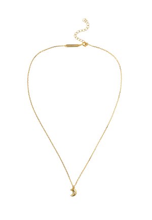 Goldkette mit feiner Kette, mit einem Halbmond-Anhänger verziert, der einen kleinen klaren Stein trägt, verstellbare Länge, minimalistisches Design.