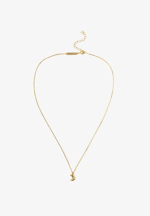 Zlatna ogrlica s finom ogrlicom, s privjeskom polumjeseca ukrašenim malim prozirnim kamenom, podesive duljine, minimalističkog dizajna.