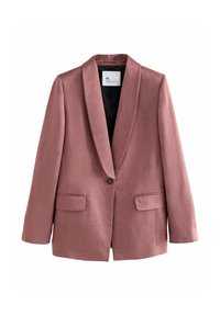 Rosa blazer med sjalkrage, enknap closing, två framsidor fickor och en slät textur. Fodrad i svart för kontrast.