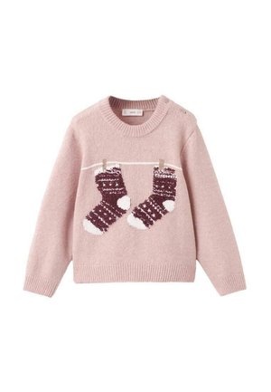 Pull en laine rose avec un motif de deux chaussettes suspendues, une brune et une blanche, col rond et bords-côtes aux poignets et à l'ourlet. Texture douce.
