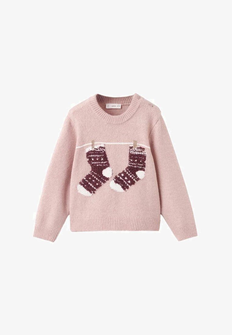 Roza pletena jopica z motivom dveh obešenih rjavih in belih nogavic, okrogel ovratnik in rebrasti manšeti ter rob. Mehak material.