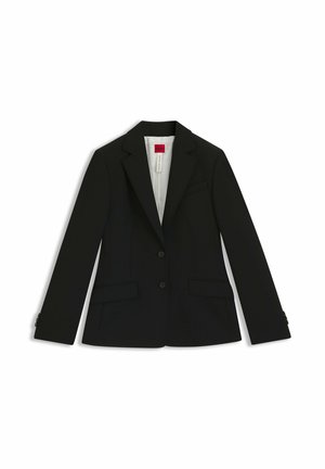 Zwart op maat gemaakte blazer met een notched revers, twee voorzakken en twee knopen. Soepele stof met een gestructureerd ontwerp en een gevoerde binnenkant.