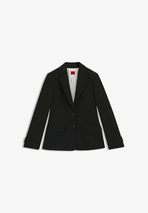 Zwart op maat gemaakte blazer met een notched revers, twee voorzakken en twee knopen. Soepele stof met een gestructureerd ontwerp en een gevoerde binnenkant.