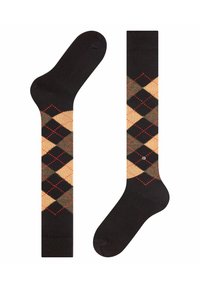 Calze nere con un motivo argyle in beige e marrone con accenti rossi. Texture liscia e design a rombi, adatte per un abbigliamento casual.