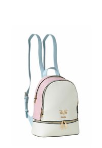 Stijlvolle rugzak in witte, roze en blauwe faux leather. Voorzien van een ronde vorm, gouden hardware en een voorzak met rits met een logodetail.
