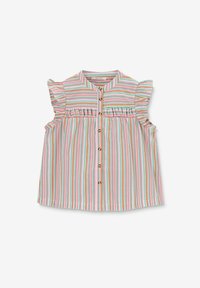 Striped short-sleeve shirt with ruffled accents, featuring pastel colors of pink, green, and blue, button closure and gathered detail.