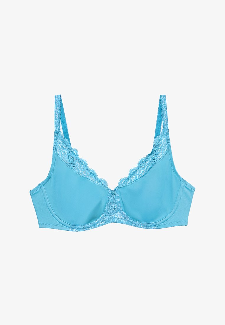 Soutien-gorge à armatures bleu clair avec des détails en dentelle sur les bonnets, les bretelles et le centre, sur fond blanc.