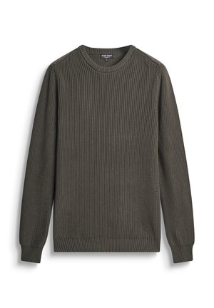 Tamnozeleni pleteni pulover s dugim rukavima i okruglim izrezom. Ima teksturirani uzorak te rebraste manžete i rub.