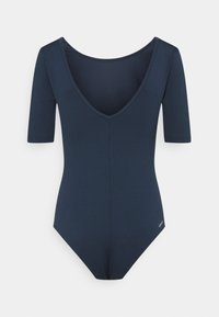 Bodysuit bleu marine avec des manches courtes, décolleté en V profond, design ajusté et texture lisse. Présente une étiquette sur le coin inférieur droit.