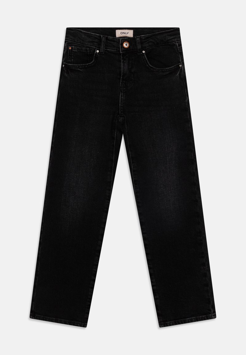 Zwarte spijkerbroek van denim met een recht gesneden ontwerp, vijf zakken en contrasterende stiksels. Voorzien van een knoopsluiting aan de voorkant en gouden hardware.