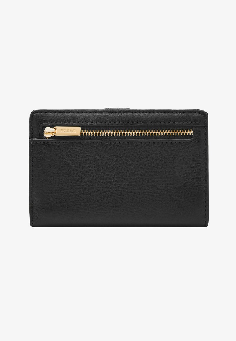 Portefeuille en cuir noir avec une surface texturée, doté d'une poche zippée dorée et d'un logo de marque visible. Design compact et rectangulaire.
