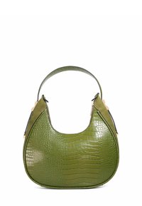 Green handbag with a textured crocodile pattern, featuring a smooth olive green handle and gold hardware accents. Curved, modern shape.