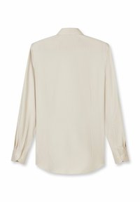 Hellbeiges Langarmhemd mit glatter Textur, Manschetten mit einem Knopf und einem Standardkragen. Hat ein dezentes gewebtes Muster.