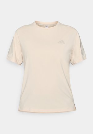 Hellbeiges Sport-T-Shirt aus feuchtigkeitsableitendem Material. Es verfügt über kurze Ärmel, einen Rundhalsausschnitt und dezente Drei-Streifen-Akzente auf den Schultern.