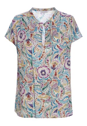 Kortærmet bluse med flerfarvede blomster- og bladmønstre i lilla, blå, beige og grøn, med rund halsudskæring og knappet lukning.
