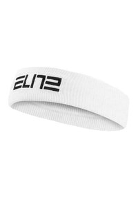 Bijela tkanina traka za glavu s rebrastom teksturom i istaknutim crnim logotipom "ELITE". Fleksibilan kružni dizajn namijenjen sportskim aktivnostima.