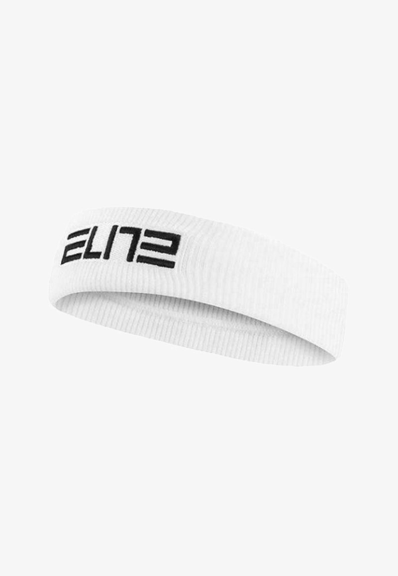 Fascia per la testa in tessuto bianco con una texture a coste e un pronunciate logo nero "ELITE". Design circolare flessibile pensato per l'uso atletico.