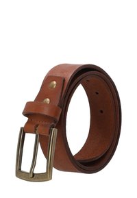 Brown rolled leather belt with brass buckle and two rivets on the strap end, showing belt holes for size adjustment.