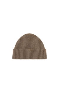 Brown ribbed knit beanie with a folded cuff. Made of soft, textured wool, featuring a rounded top and a snug fit for warmth.