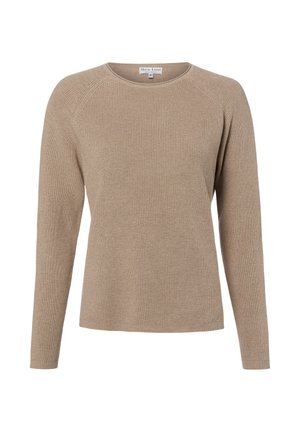 Beiger strickpullover mit langen Ärmeln und rundem Ausschnitt, auf weißem Hintergrund präsentiert, mit gerippten Bündchen und Saum.