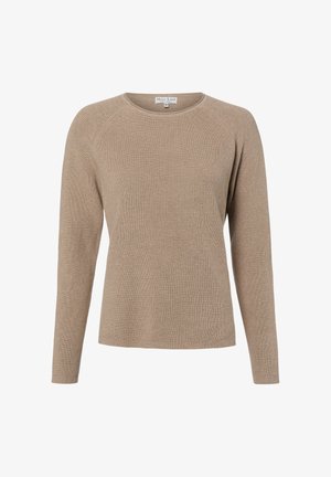 Beiger strickpullover mit langen Ärmeln und rundem Ausschnitt, auf weißem Hintergrund präsentiert, mit gerippten Bündchen und Saum.